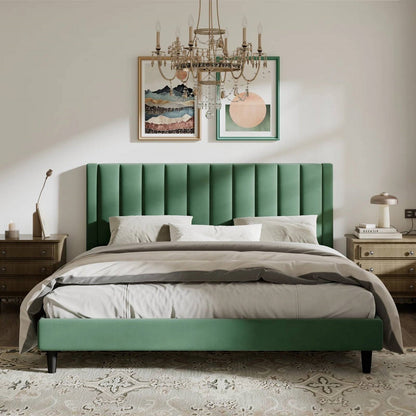 Cama Plataforma King Size Moderna Tapizada en Terciopelo Verde con Cabecero