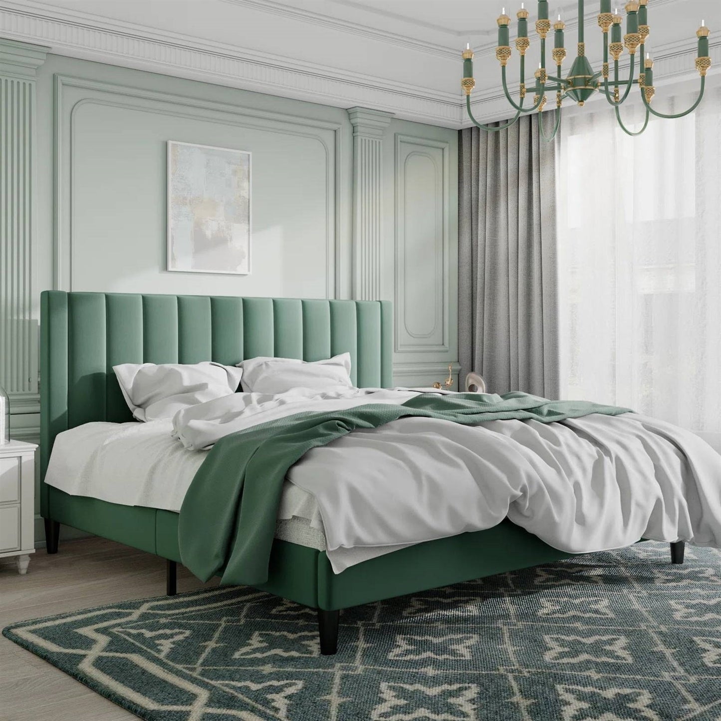 Cama Plataforma King Size Moderna Tapizada en Terciopelo Verde con Cabecero