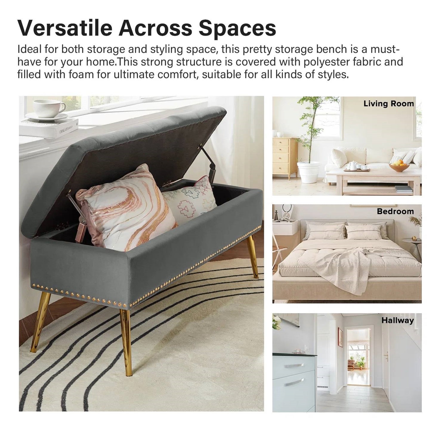 Banco otomana de almacenamiento moderno de mediados de siglo para pie de cama con asiento de terciopelo gris y patas doradas
