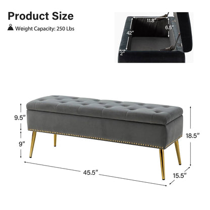 Banco otomana de almacenamiento moderno de mediados de siglo para pie de cama con asiento de terciopelo gris y patas doradas
