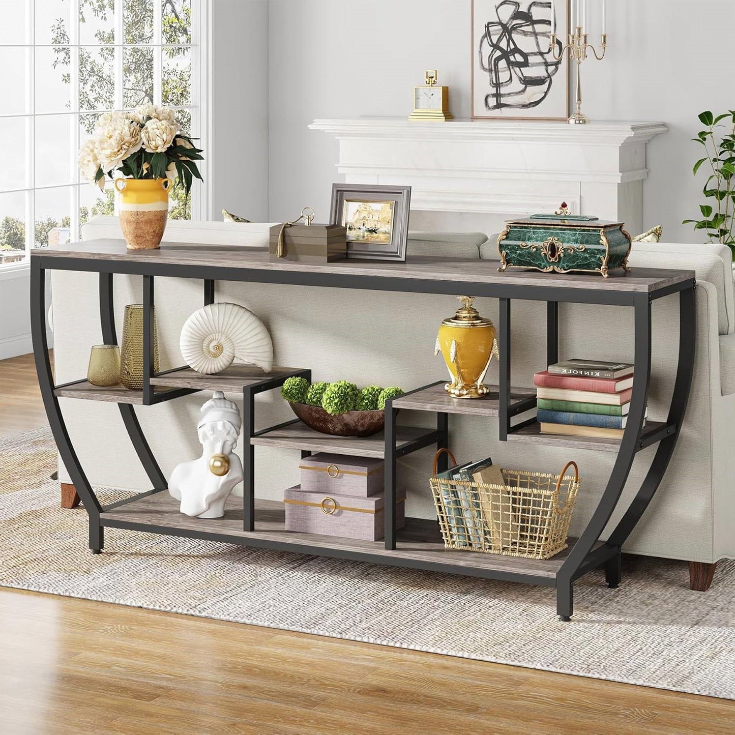 Mesa Consola Sofá Estrecha de 70 Pulgadas de Largo Estilo Industrial Chic con Estantes de Madera Gris