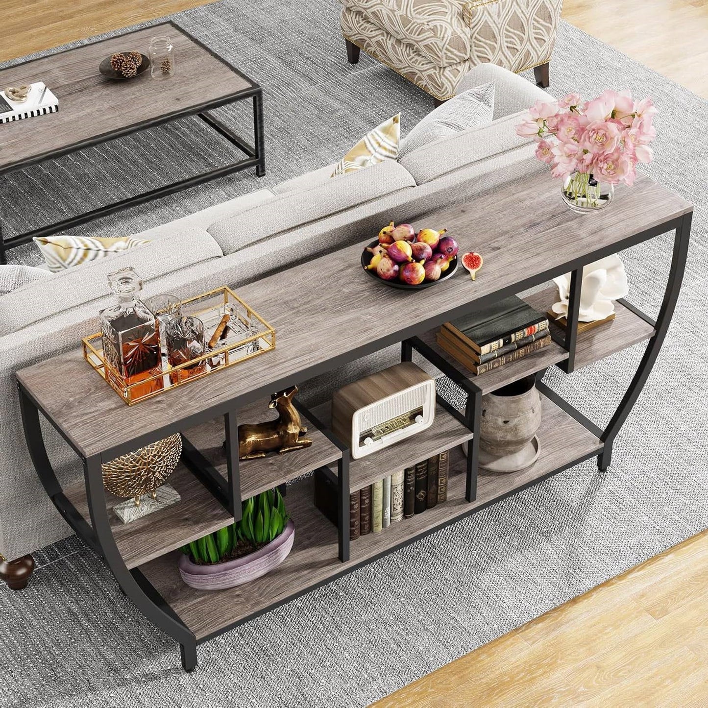 Mesa Consola Sofá Estrecha de 70 Pulgadas de Largo Estilo Industrial Chic con Estantes de Madera Gris