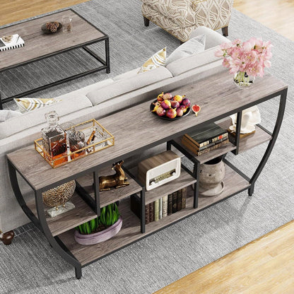 Mesa Consola Sofá Estrecha de 70 Pulgadas de Largo Estilo Industrial Chic con Estantes de Madera Gris