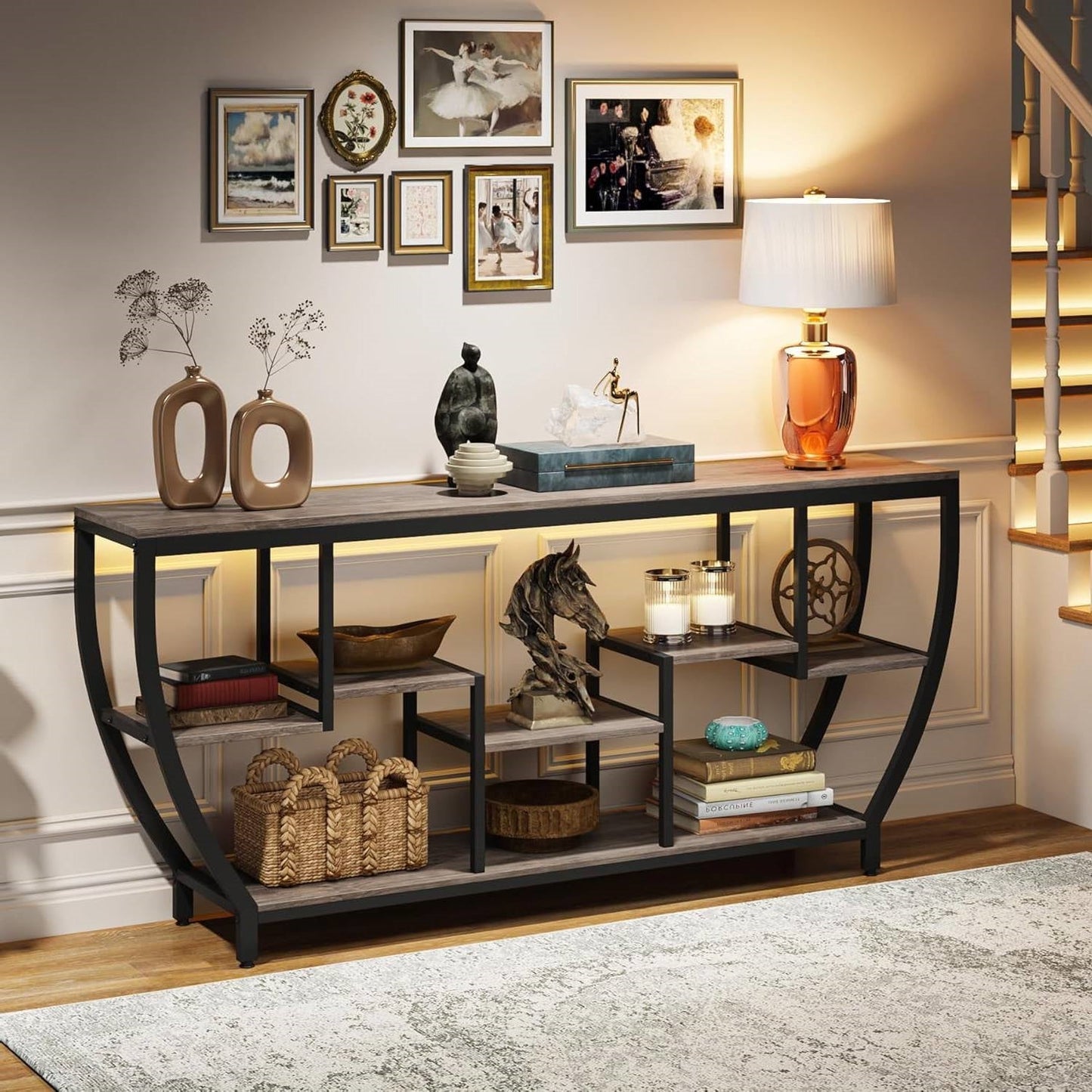 Mesa Consola Sofá Estrecha de 70 Pulgadas de Largo Estilo Industrial Chic con Estantes de Madera Gris