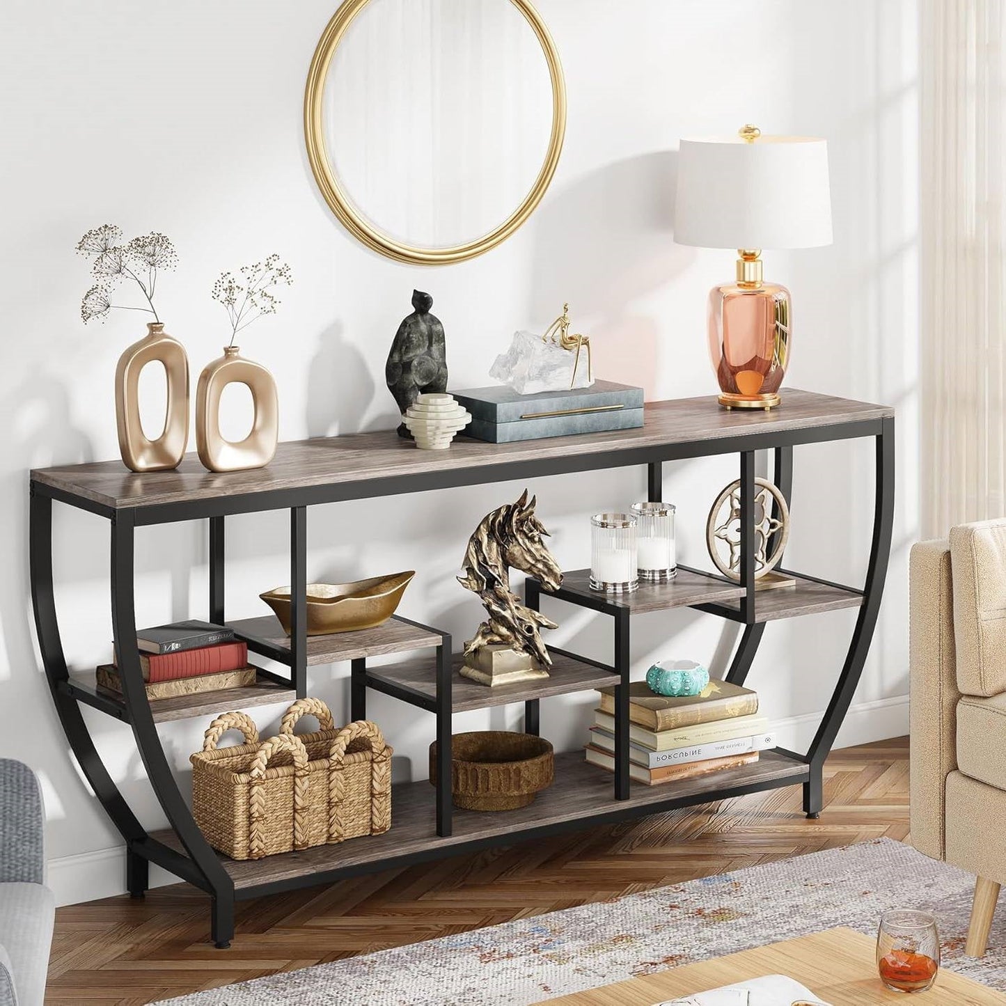 Mesa Consola Sofá Estrecha de 70 Pulgadas de Largo Estilo Industrial Chic con Estantes de Madera Gris