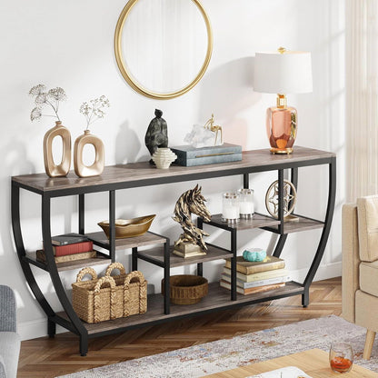 Mesa Consola Sofá Estrecha de 70 Pulgadas de Largo Estilo Industrial Chic con Estantes de Madera Gris