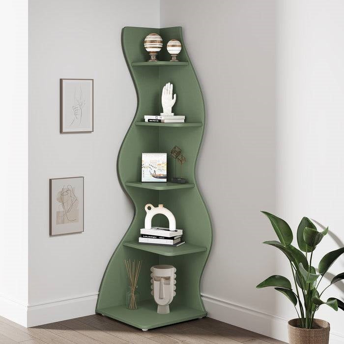 Modern Whimsical 5 Shelf Corner Bookcase in Green Wood Finish