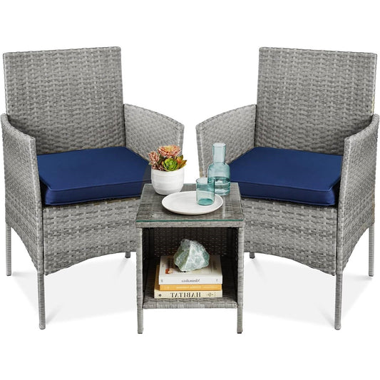 3-Piece Grey PE Wicker Outdoor Patio Furniture Dining Set w/ Navy Blue Cushions - Tampa Home & Garden Store