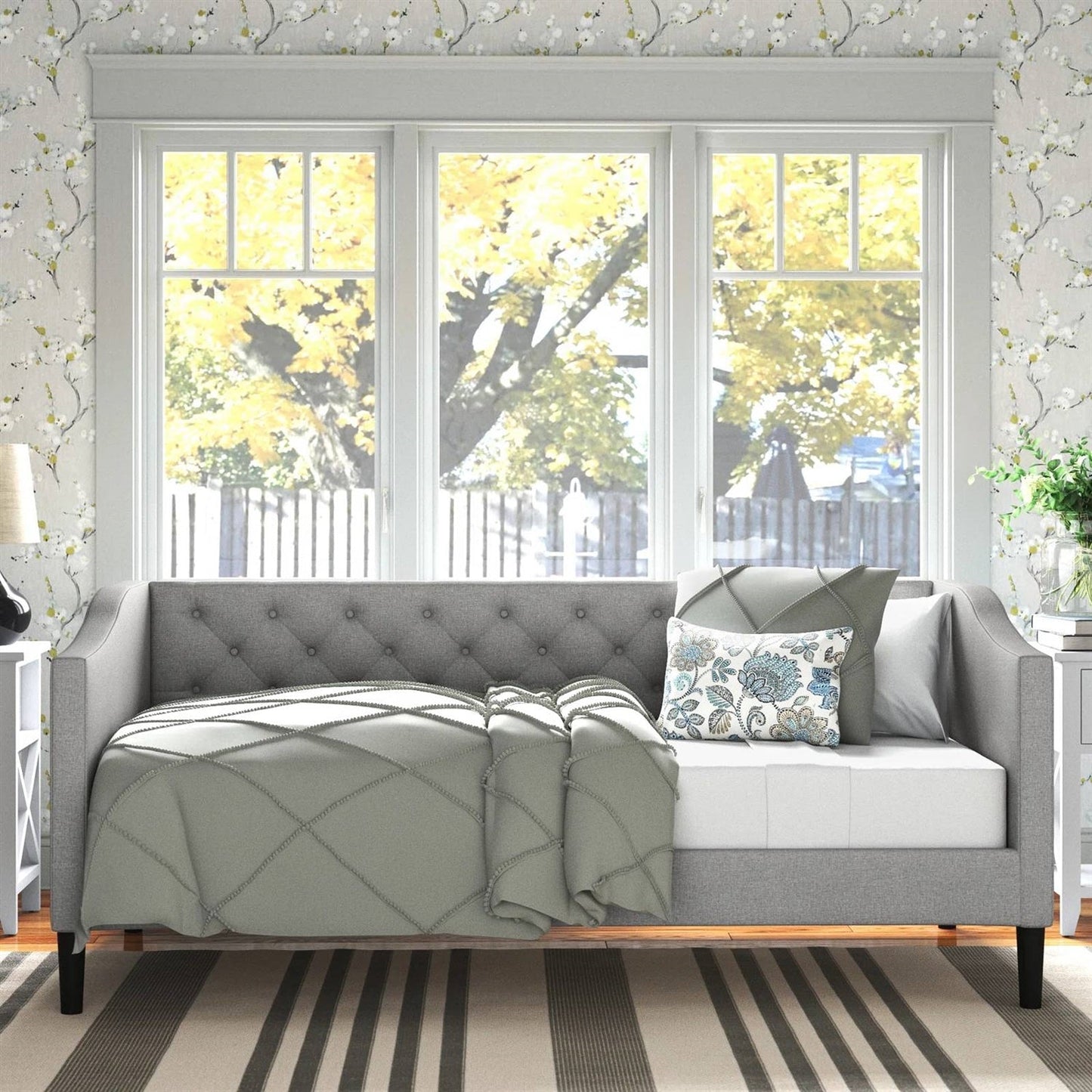 Cama nido tapizada de tela gris moderna con botones capitoné, tamaño twin