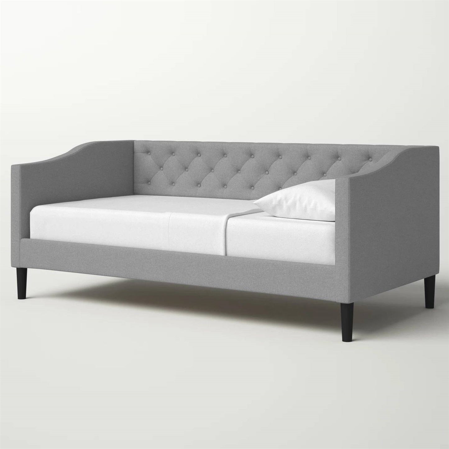 Cama nido tapizada de tela gris moderna con botones capitoné, tamaño twin
