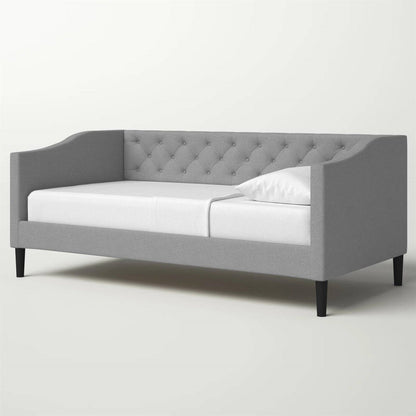 Cama nido tapizada de tela gris moderna con botones capitoné, tamaño twin
