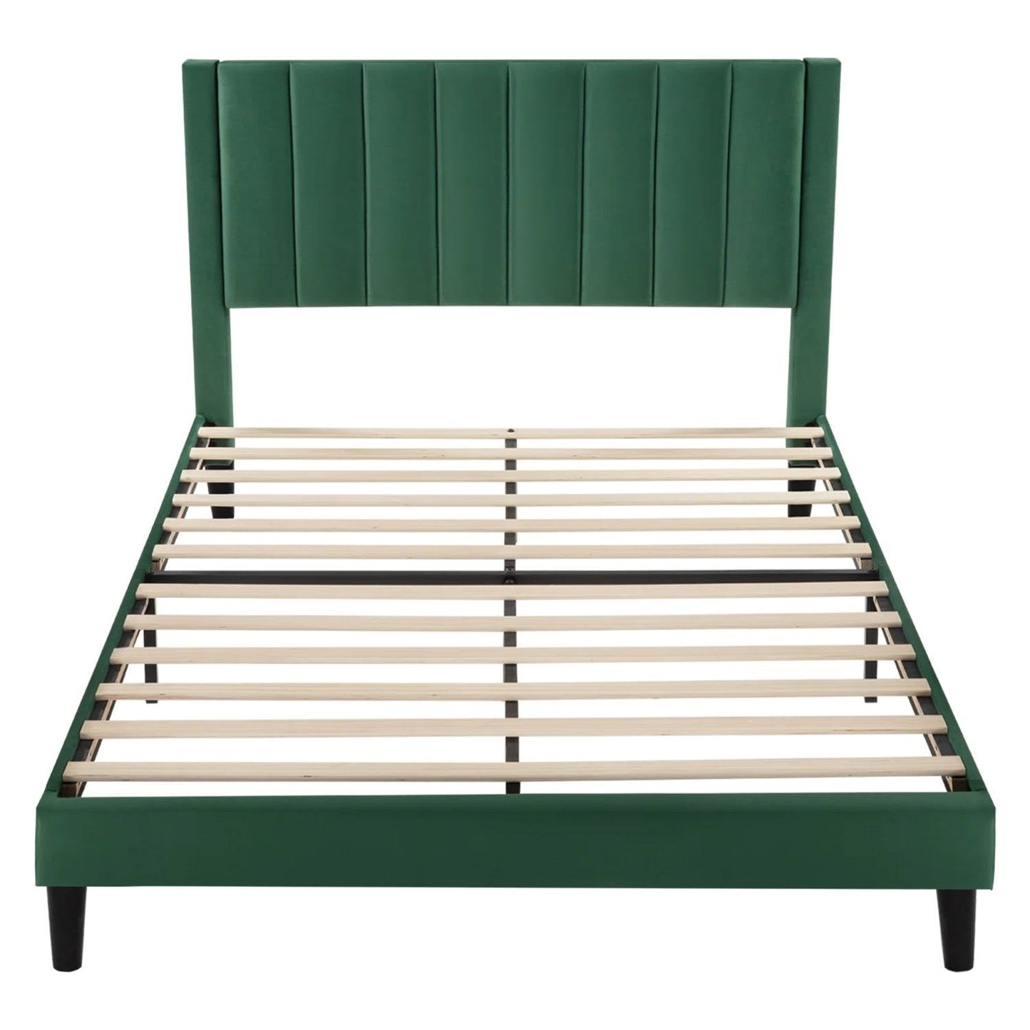 Cama de plataforma tapizada en terciopelo verde moderno tamaño Queen con cabecero