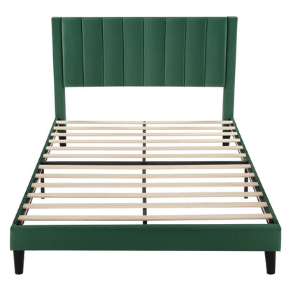Cama de plataforma tapizada en terciopelo verde moderno tamaño Queen con cabecero