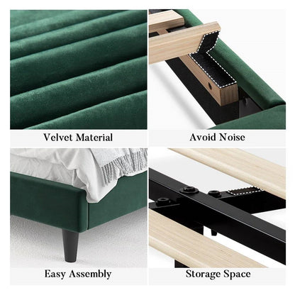 Cama de plataforma tapizada en terciopelo verde moderno tamaño Queen con cabecero