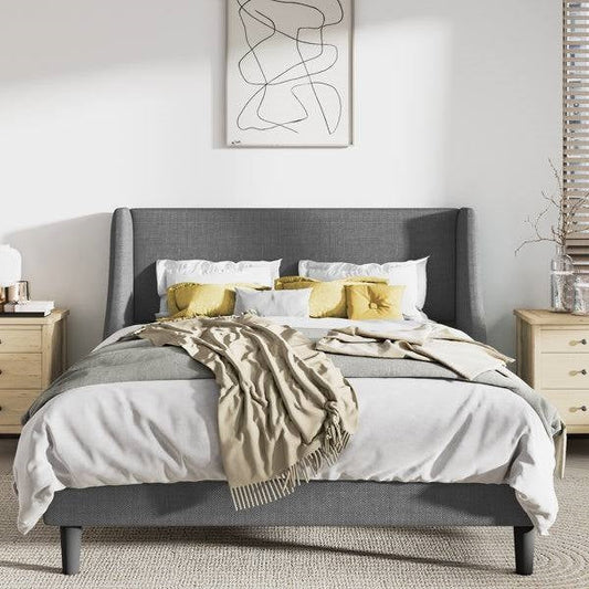Queen Size Grey Linen Blend Upholstered Platform Bed with Wingback Headboard - Tampa Home & Garden Store