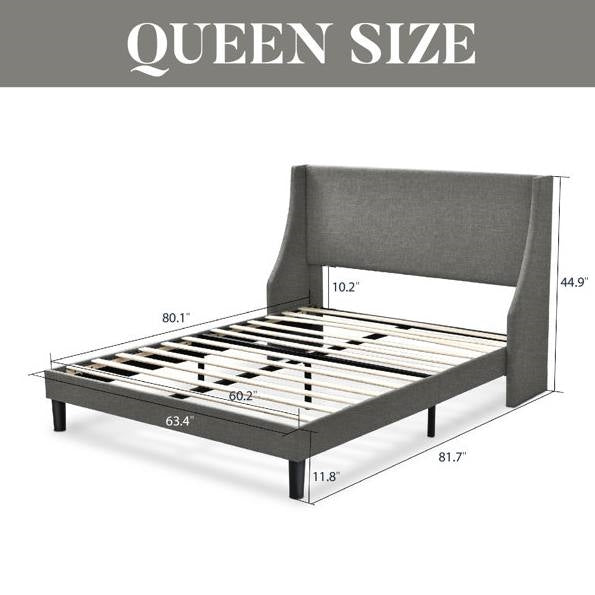 Cama de plataforma tapizada en mezcla de lino gris tamaño queen con cabecero alado