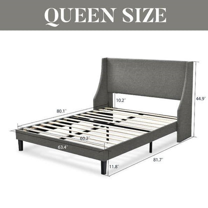 Cama de plataforma tapizada en mezcla de lino gris tamaño queen con cabecero alado