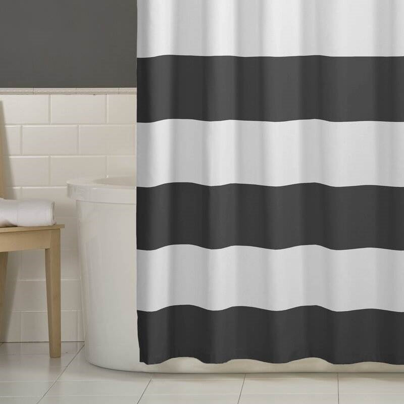 Cortina de ducha a rayas náuticas de poliéster gris y blanco de 72 x 70 pulgadas para playa y océano