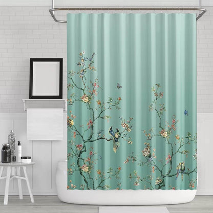 Cortina de ducha estilo japonés de 72 pulgadas, azul verdoso, floral, árbol, pájaro, mariposa