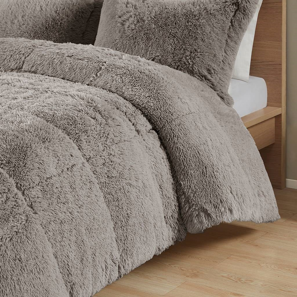 Juego de edredón de 2 piezas de felpa suave gris efecto pelo sintético tamaño Twin/Twin XL con fundas de almohada