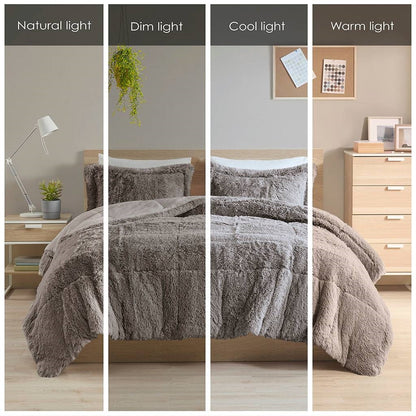 Juego de edredón de 2 piezas de felpa suave gris efecto pelo sintético tamaño Twin/Twin XL con fundas de almohada