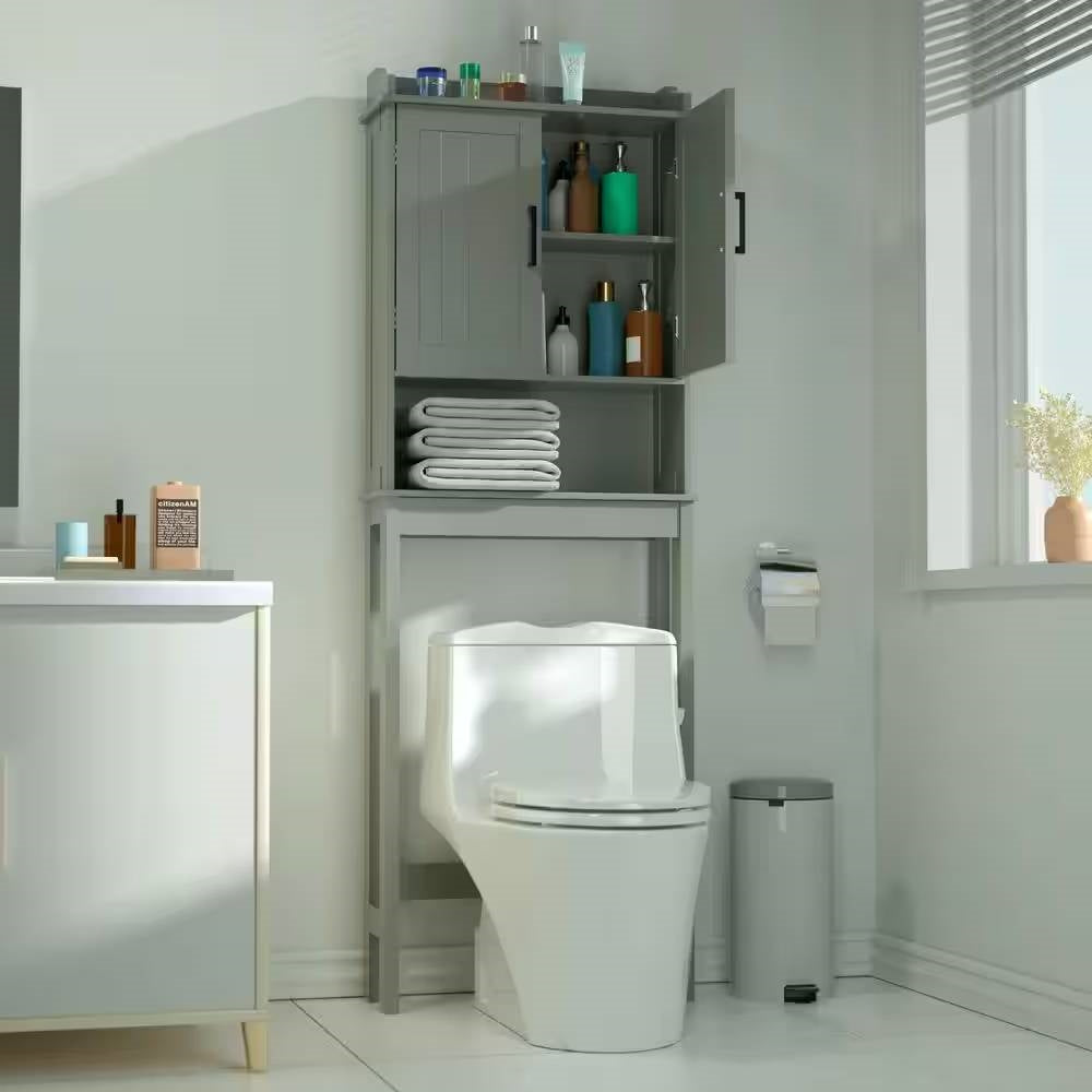 Mueble de baño sobre el inodoro con estantería en acabado de madera gris