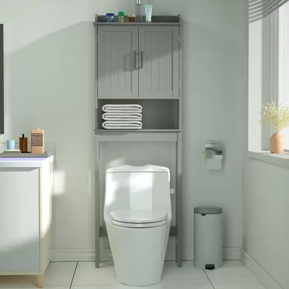 Mueble de baño sobre el inodoro con estantería en acabado de madera gris