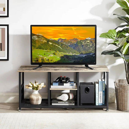 Mueble de TV industrial moderno de metal negro y madera gris con estante de almacenamiento para medios