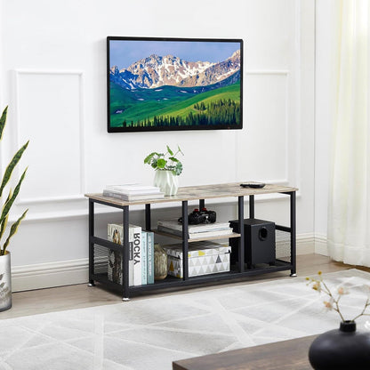Mueble de TV industrial moderno de metal negro y madera gris con estante de almacenamiento para medios