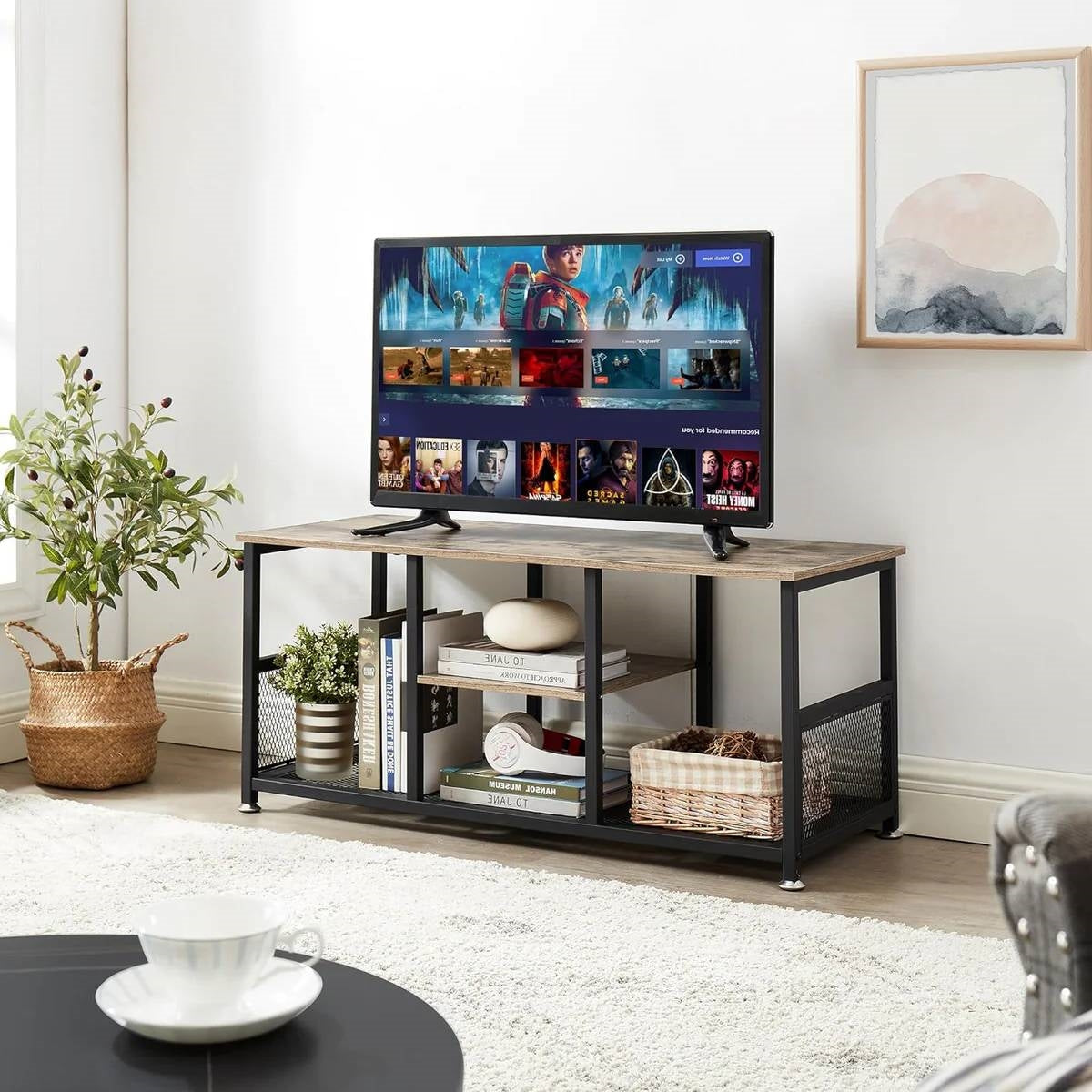 Mueble de TV industrial moderno de metal negro y madera gris con estante de almacenamiento para medios