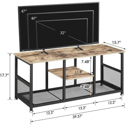 Mueble de TV industrial moderno de metal negro y madera gris con estante de almacenamiento para medios