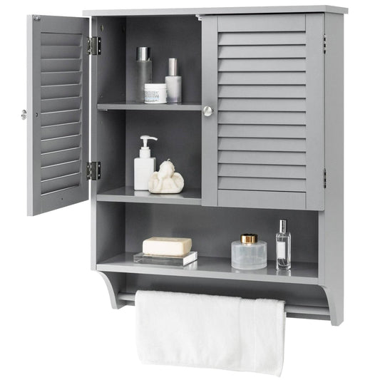Grey Wall-Mounted Bathroom Medicine Cabinet with Louver Doors and Towel Bar - Tampa Home & Garden Store