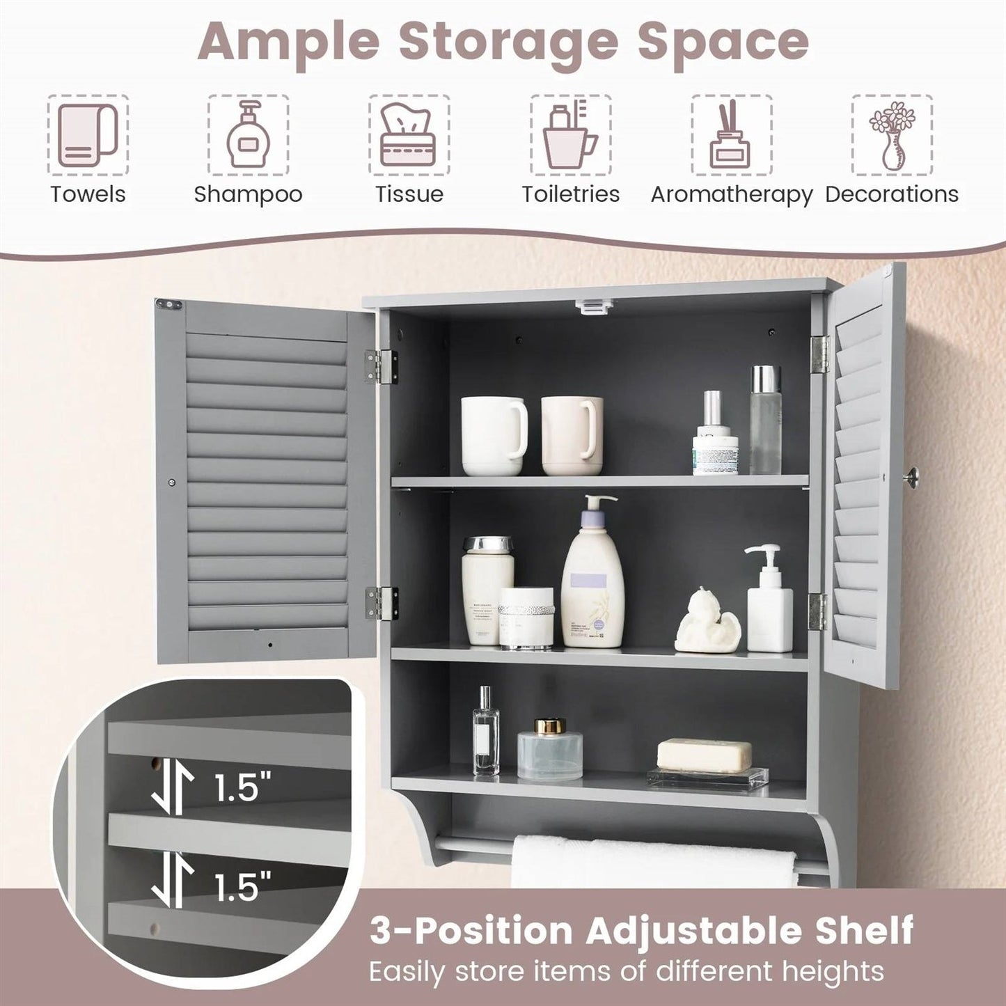 Grey Wall-Mounted Bathroom Medicine Cabinet with Louver Doors and Towel Bar