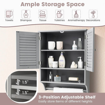 Grey Wall-Mounted Bathroom Medicine Cabinet with Louver Doors and Towel Bar