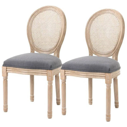 Juego de 2 sillas de comedor vintage sin brazos con respaldo de ratán y acabado gris lavado