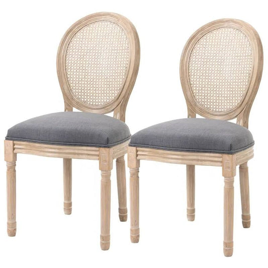 Juego de 2 sillas de comedor vintage sin brazos con respaldo de ratán y acabado gris lavado