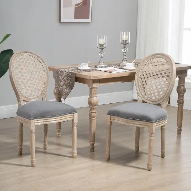 Juego de 2 sillas de comedor vintage sin brazos con respaldo de ratán y acabado gris lavado