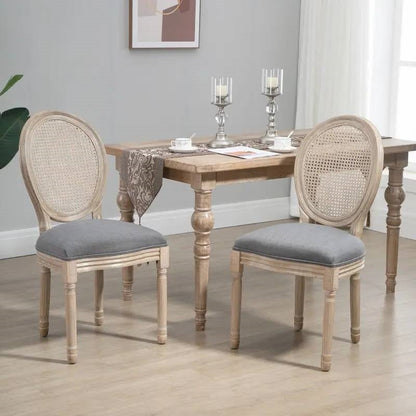 Juego de 2 sillas de comedor vintage sin brazos con respaldo de ratán y acabado gris lavado