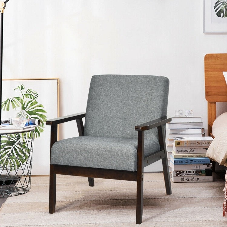 Sillón Ancho Clásico Retro Moderno de Lino Gris con Estructura de Madera Espresso