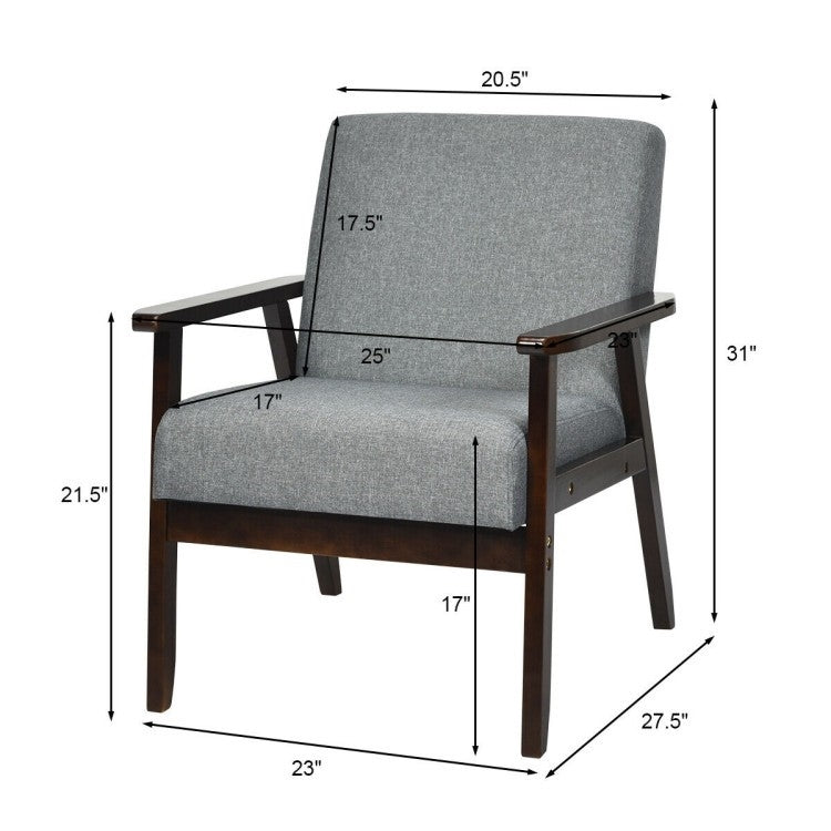 Sillón Ancho Clásico Retro Moderno de Lino Gris con Estructura de Madera Espresso