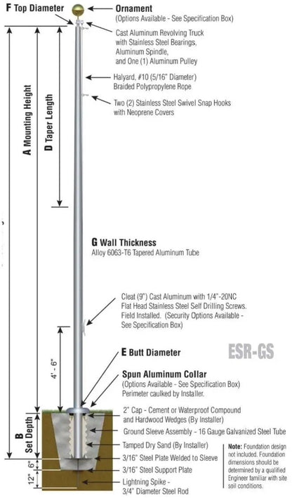 Aluminum flagpole with external rope; diagram highlights ornament top and revolving truck on Tampa Home & Garden Store