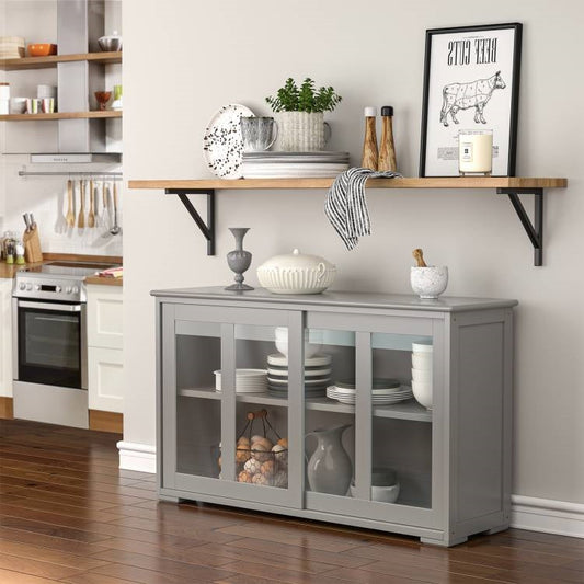 Mueble aparador bufé de cocina en madera gris con puerta corredera de cristal