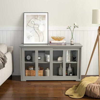 Mueble aparador bufé de cocina en madera gris con puerta corredera de cristal