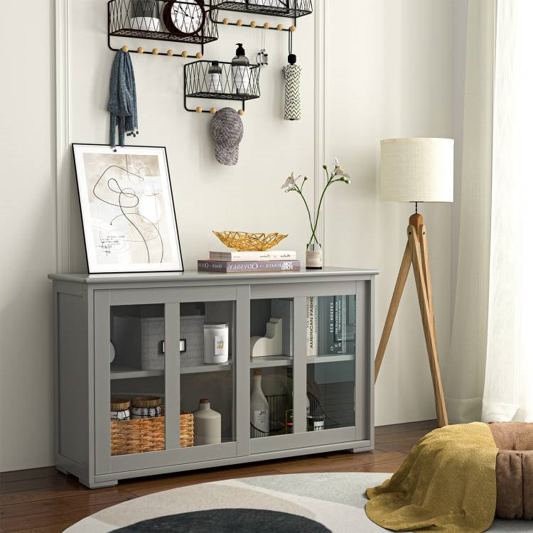Mueble aparador bufé de cocina en madera gris con puerta corredera de cristal