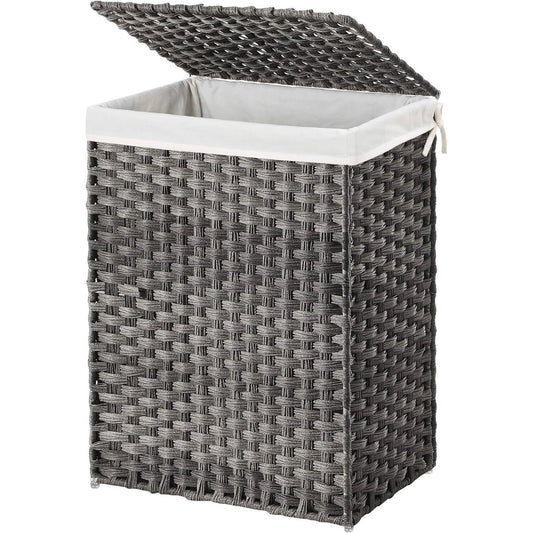 Grey Rattan Plastic Laundry Hamper Basket w/ Lid and Removable Cotton Liner Bag - Tampa Home & Garden Store