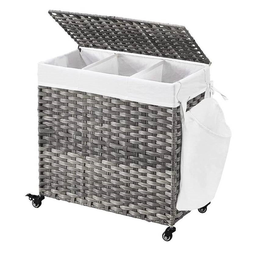 Handwoven grey PP rattan 3-bag laundry cart with cotton liner on wheels HomePacific on Tampa Home & Garden Store