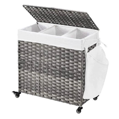 Handwoven grey PP rattan 3-bag laundry cart with cotton liner on wheels HomePacific on Tampa Home & Garden Store