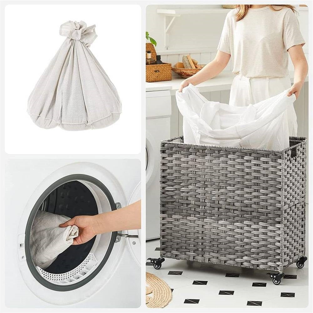 HomePacific handwoven grey PP rattan 3-bag laundry hamper cart with cotton liner on wheels on Tampa Home & Garden Store