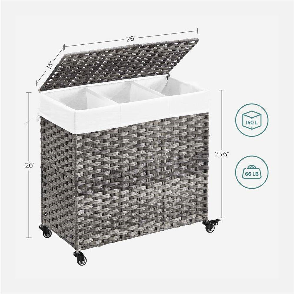 Handwoven grey PP rattan 3-bag laundry cart with cotton liner on wheels HomePacific on Tampa Home & Garden Store