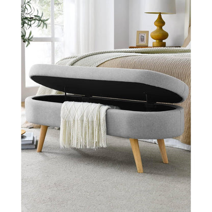 Banco de almacenamiento de lino gris para dormitorio, estilo bohemio moderno de mediados de siglo